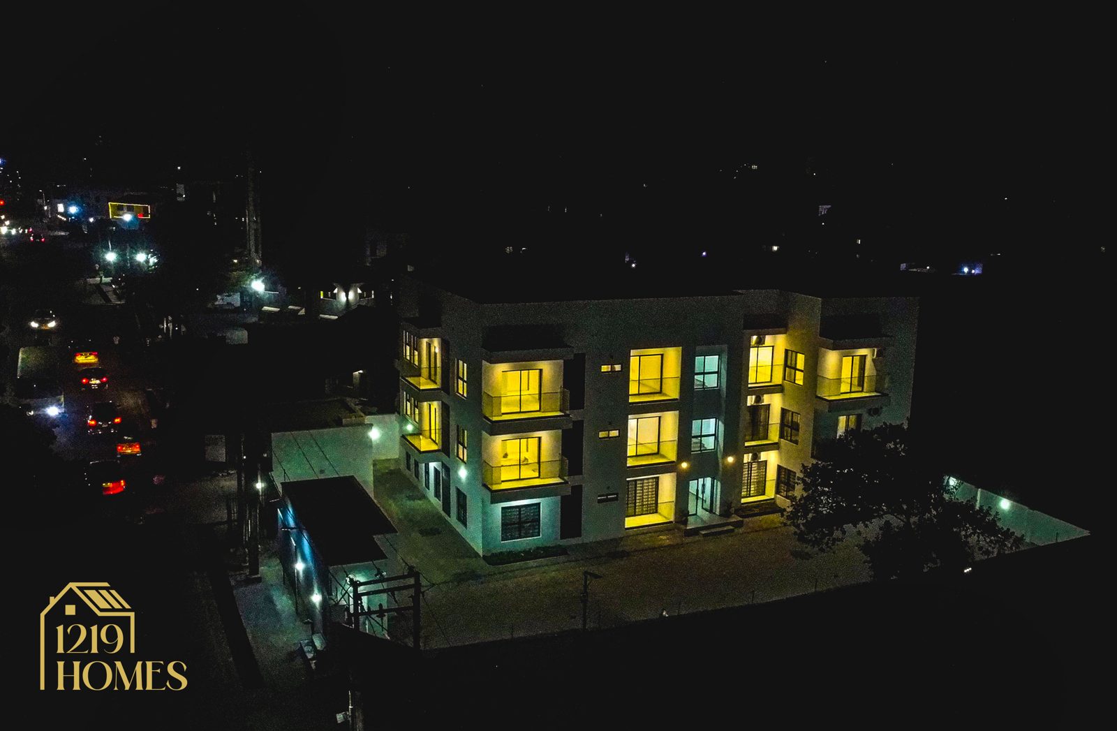 A 1219 Lagos building lit up at night